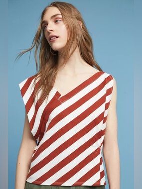 Anthropologie Dulcina Asymmetrical Rust and White Diagonal Stripe V-Neck Tank